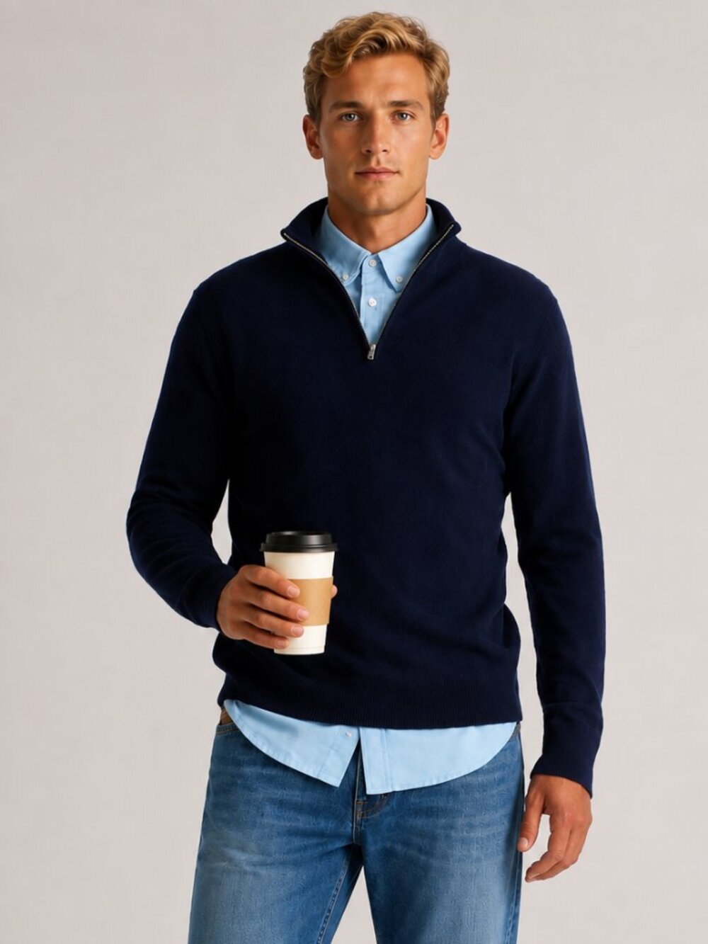 Mongolian Cashmere Quarter Zip Sweater True Navy